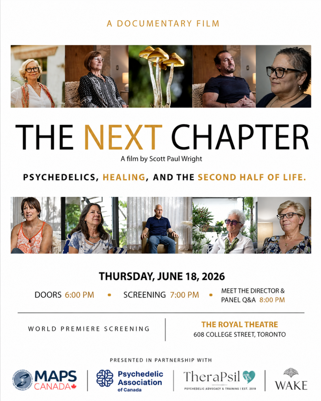 The Next Chapter — World Premiere Screening. Thursday June 18 2026. Doors 6pm, Screening 7pm, Panel Q&A 9pm. The Royal Cinema, 608 College Street Toronto.